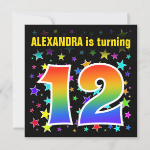 Colourful Stars + Rainbow Pattern "12" Birthday # Invitation