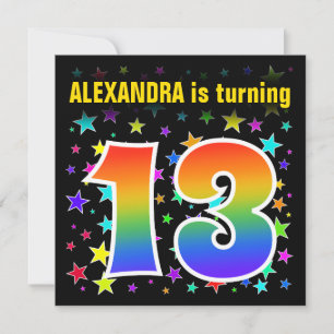 Colourful Stars + Rainbow Pattern "13" Birthday # Invitation