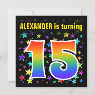 Colourful Stars + Rainbow Pattern "15" Birthday # Invitation