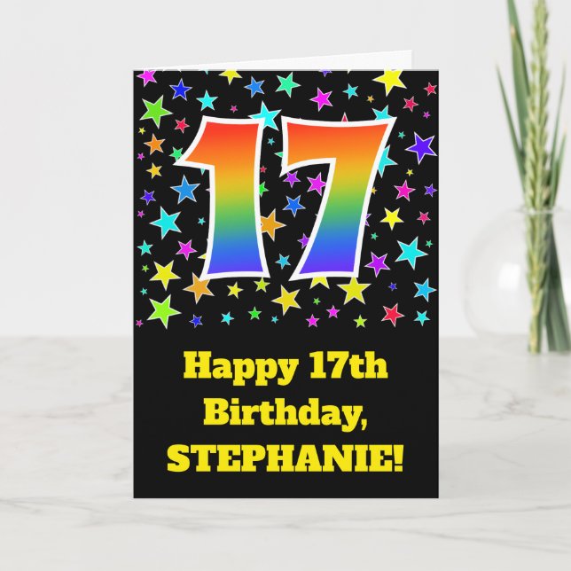 Colourful Stars + Rainbow Pattern "17" Birthday # Card (Front)