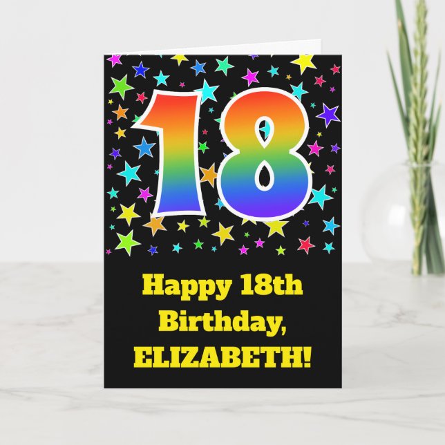 Colourful Stars + Rainbow Pattern "18" Birthday # Card (Front)