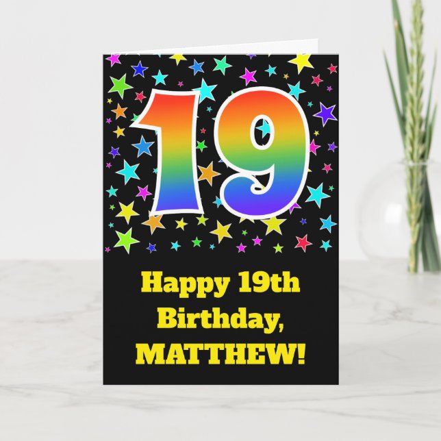Colourful Stars + Rainbow Pattern "19" Birthday # Card (Front)