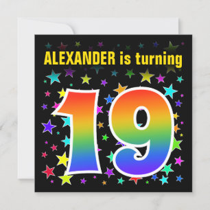 Colourful Stars + Rainbow Pattern "19" Birthday # Invitation