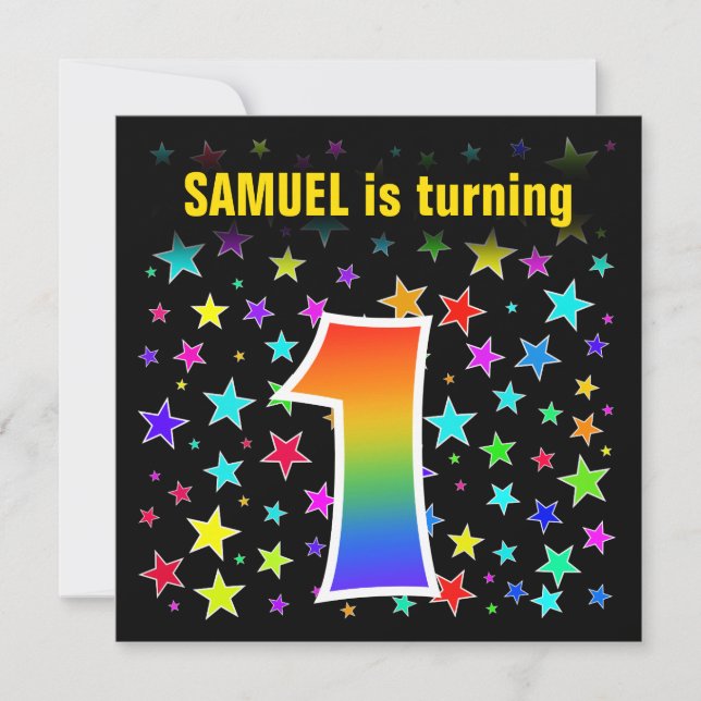 Colourful Stars + Rainbow Pattern "1" Birthday # Invitation (Front)