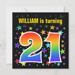 Colourful Stars + Rainbow Pattern "21" Birthday # Invitation