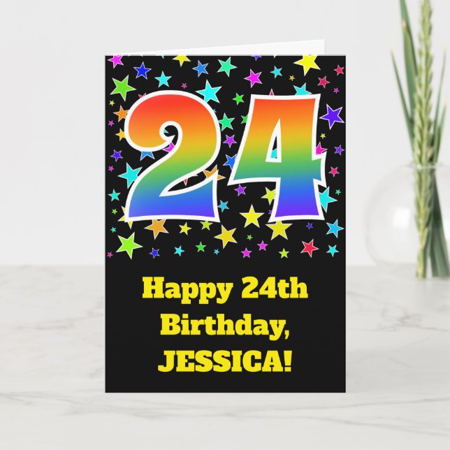 Colourful Stars + Rainbow Pattern "24" Birthday # Card (Front)
