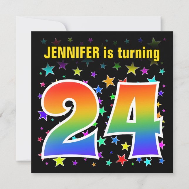 Colourful Stars + Rainbow Pattern "24" Birthday # Invitation (Front)