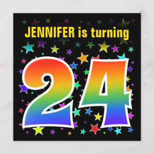 Colourful Stars + Rainbow Pattern "24" Birthday # Invitation