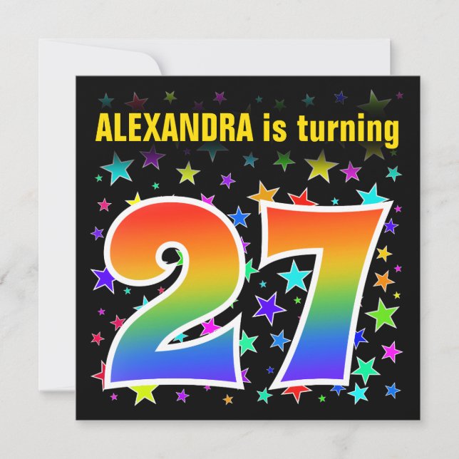 Colourful Stars + Rainbow Pattern "27" Birthday # Invitation (Front)