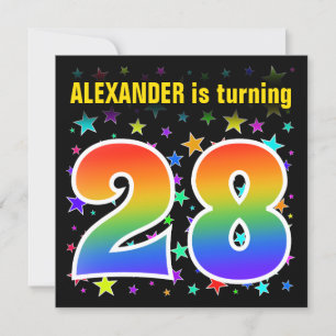 Colourful Stars + Rainbow Pattern "28" Birthday # Invitation