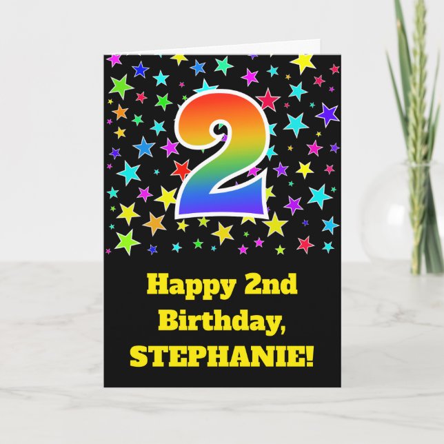 Colourful Stars + Rainbow Pattern "2" Birthday # Card (Front)