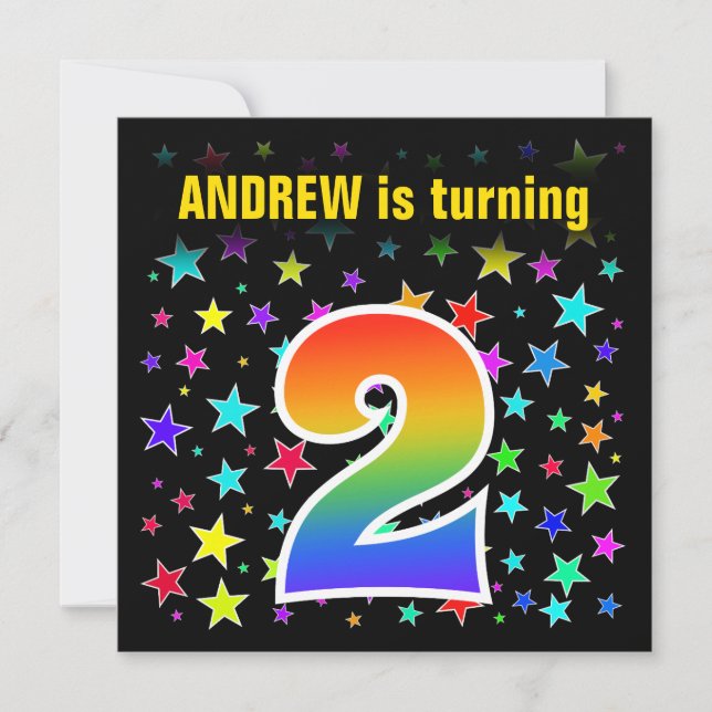 Colourful Stars + Rainbow Pattern "2" Birthday # Invitation (Front)