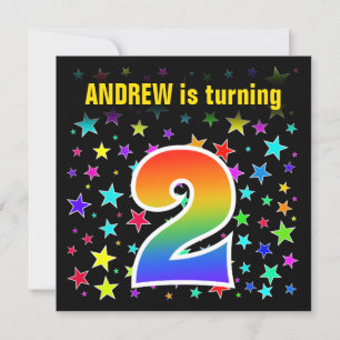 Colourful Stars + Rainbow Pattern "2" Birthday # Invitation