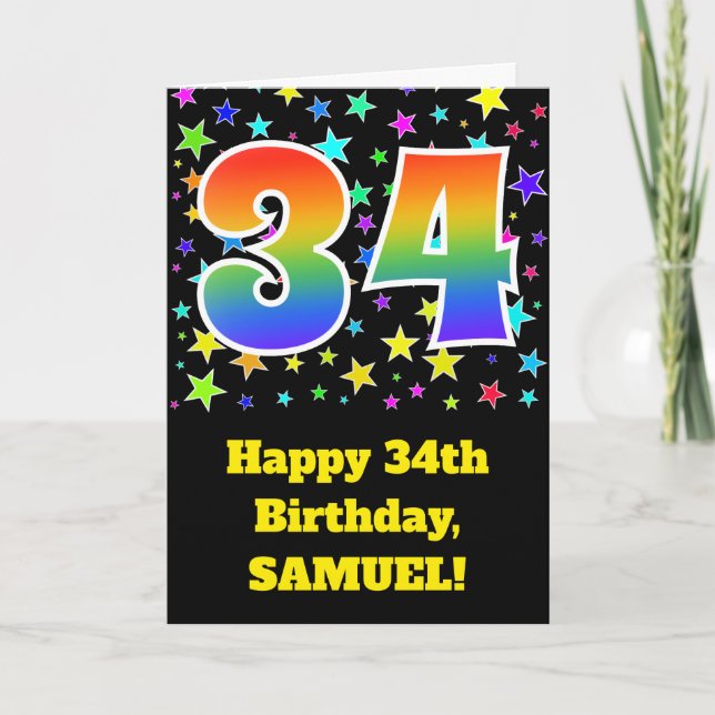 Colourful Stars + Rainbow Pattern "34" Birthday # Card (Front)
