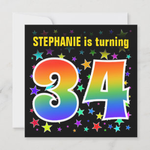 Colourful Stars + Rainbow Pattern "34" Birthday # Invitation