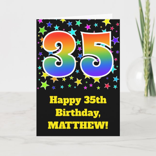 Colourful Stars + Rainbow Pattern "35" Birthday # Card (Front)