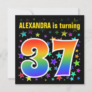 Colourful Stars + Rainbow Pattern "37" Birthday # Invitation