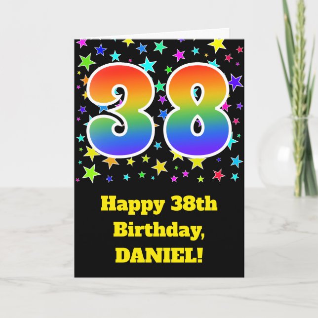 Colourful Stars + Rainbow Pattern "38" Birthday # Card (Front)
