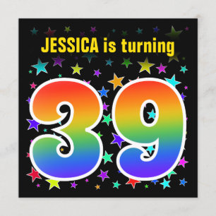 Colourful Stars + Rainbow Pattern "39" Birthday # Invitation
