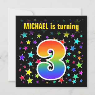 Colourful Stars + Rainbow Pattern "3" Birthday # Invitation