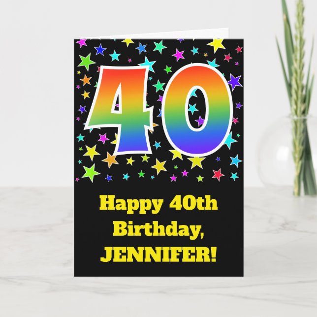 Colourful Stars + Rainbow Pattern "40" Birthday # Card (Front)