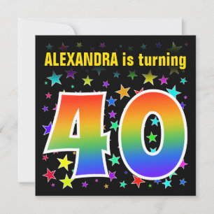 Colourful Stars + Rainbow Pattern "40" Birthday # Invitation