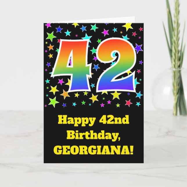 Colourful Stars + Rainbow Pattern "42" Birthday # Card (Front)