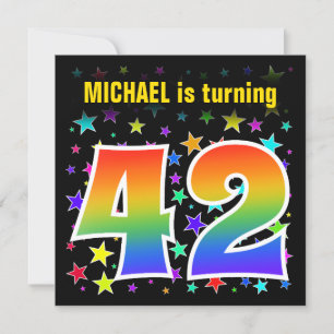 Colourful Stars + Rainbow Pattern "42" Birthday # Invitation
