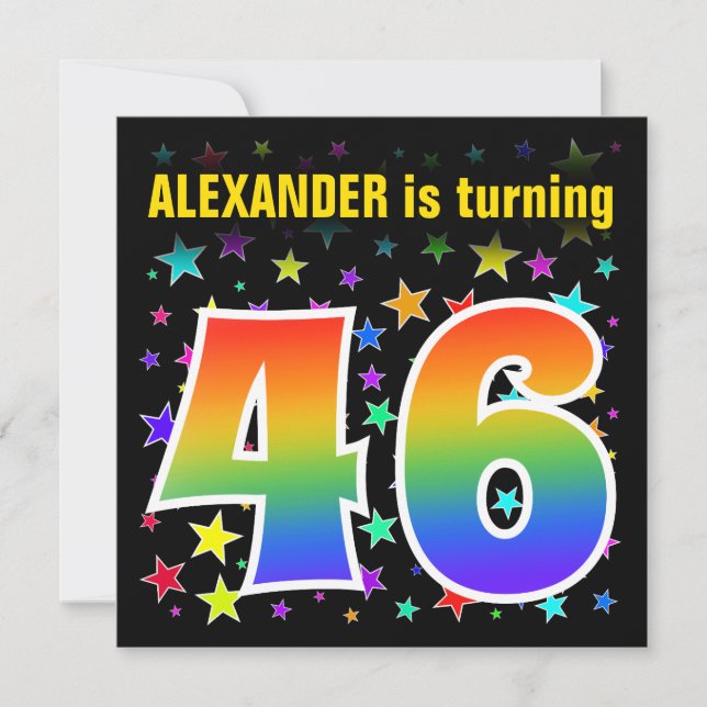 Colourful Stars + Rainbow Pattern "46" Birthday # Invitation (Front)