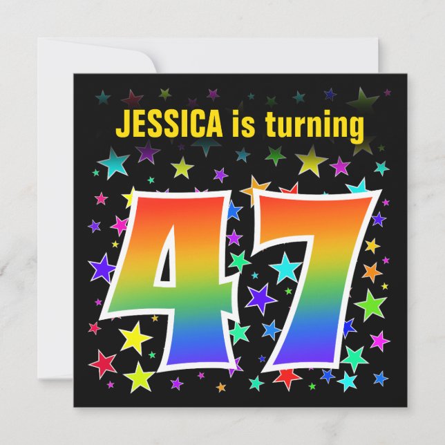 Colourful Stars + Rainbow Pattern "47" Birthday # Invitation (Front)