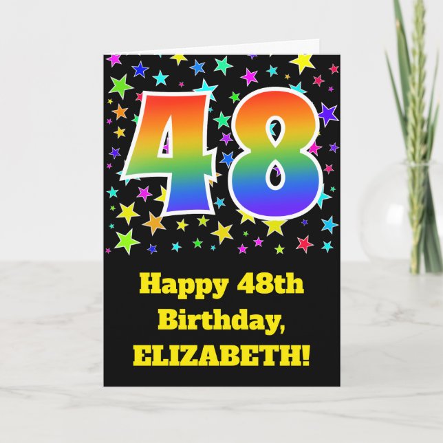Colourful Stars + Rainbow Pattern "48" Birthday # Card (Front)