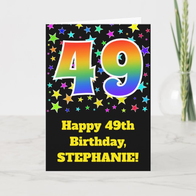 Colourful Stars + Rainbow Pattern "49" Birthday # Card (Front)