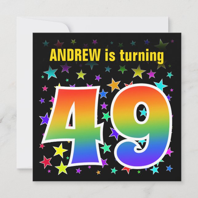 Colourful Stars + Rainbow Pattern "49" Birthday # Invitation (Front)