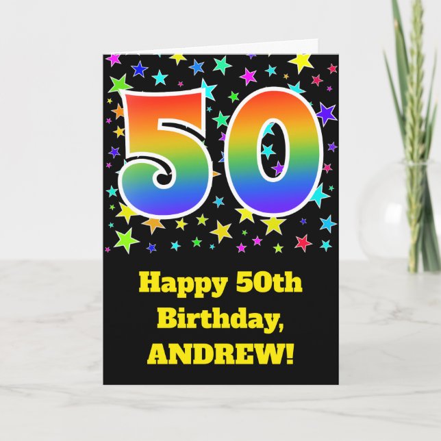 Colourful Stars + Rainbow Pattern "50" Birthday # Card (Front)