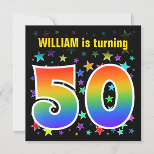 Colourful Stars + Rainbow Pattern "50" Birthday # Invitation