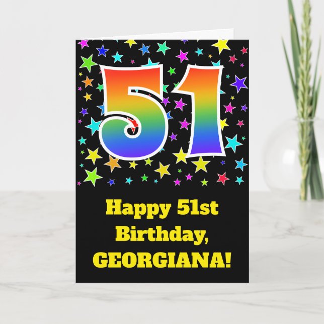 Colourful Stars + Rainbow Pattern "51" Birthday # Card (Front)