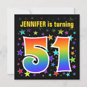 Colourful Stars + Rainbow Pattern "51" Birthday # Invitation