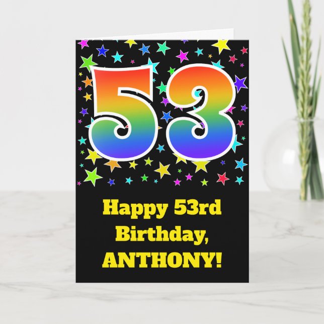 Colourful Stars + Rainbow Pattern "53" Birthday # Card (Front)