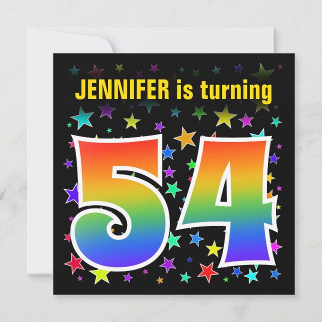 Colourful Stars + Rainbow Pattern "54" Birthday # Invitation (Front)