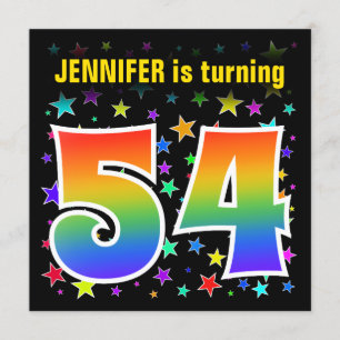 Colourful Stars + Rainbow Pattern "54" Birthday # Invitation