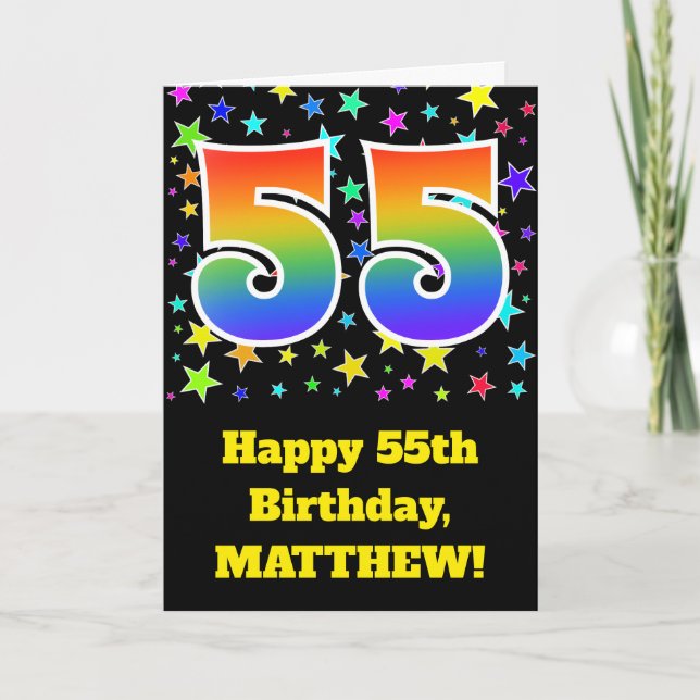 Colourful Stars + Rainbow Pattern "55" Birthday # Card (Front)