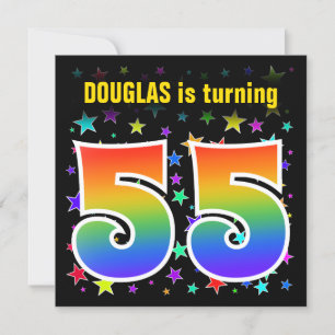 Colourful Stars + Rainbow Pattern "55" Birthday # Invitation