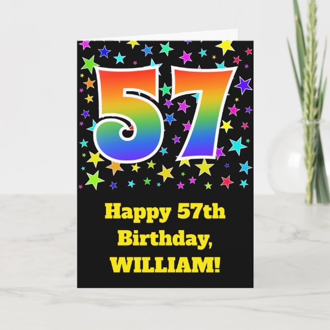 Colourful Stars + Rainbow Pattern "57" Birthday # Card (Front)