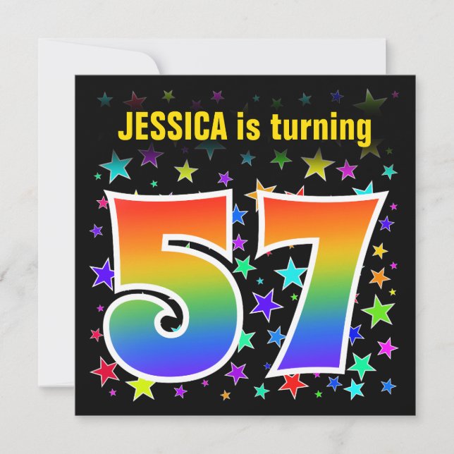 Colourful Stars + Rainbow Pattern "57" Birthday # Invitation (Front)