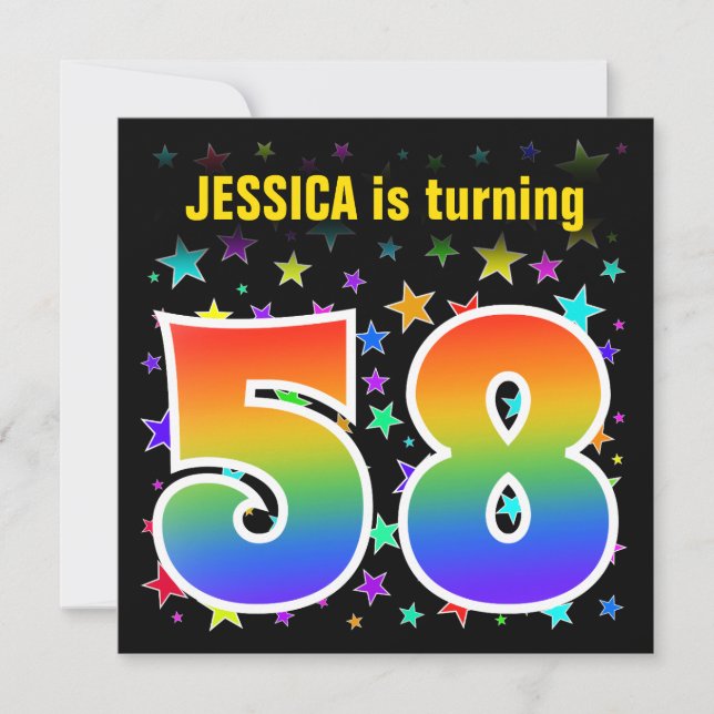 Colourful Stars + Rainbow Pattern "58" Birthday # Invitation (Front)