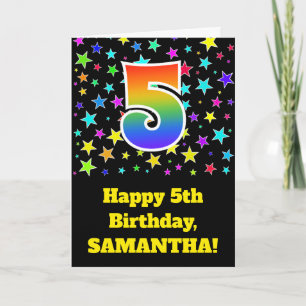 Colourful Stars + Rainbow Pattern "5" Birthday # Card
