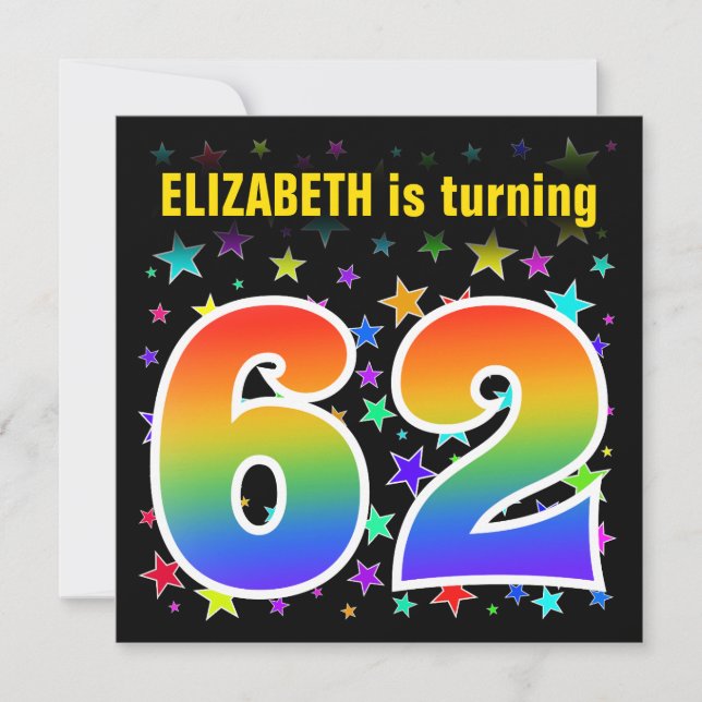 Colourful Stars + Rainbow Pattern "62" Birthday # Invitation (Front)