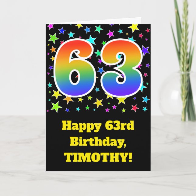 Colourful Stars + Rainbow Pattern "63" Birthday # Card (Front)