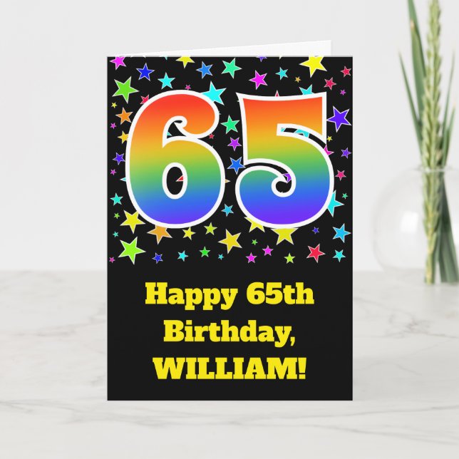 Colourful Stars + Rainbow Pattern "65" Birthday # Card (Front)