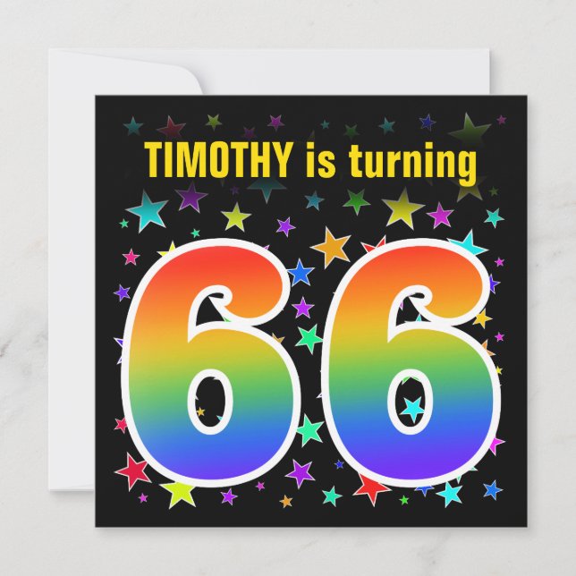 Colourful Stars + Rainbow Pattern "66" Birthday # Invitation (Front)